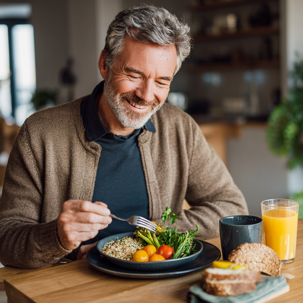 Middle aged man enjoying healthy meal with vegetables and grains